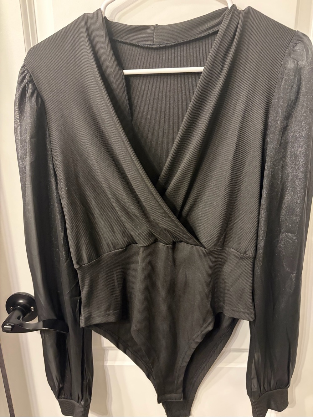 Sheer Sleeve Surplice Black Bodysuit